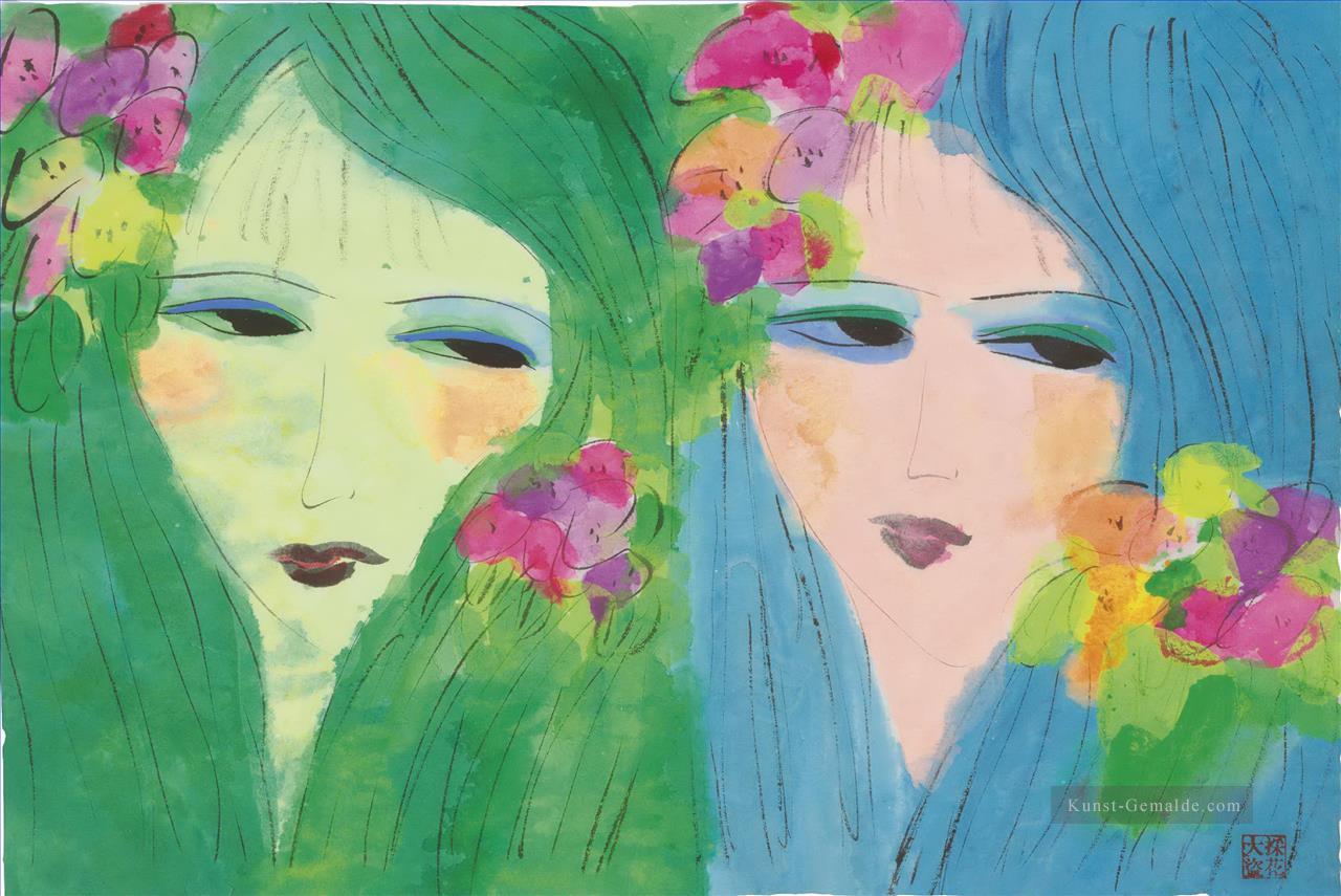 Zwei Damen mit Blumen im Haar Moderne Ölgemälde